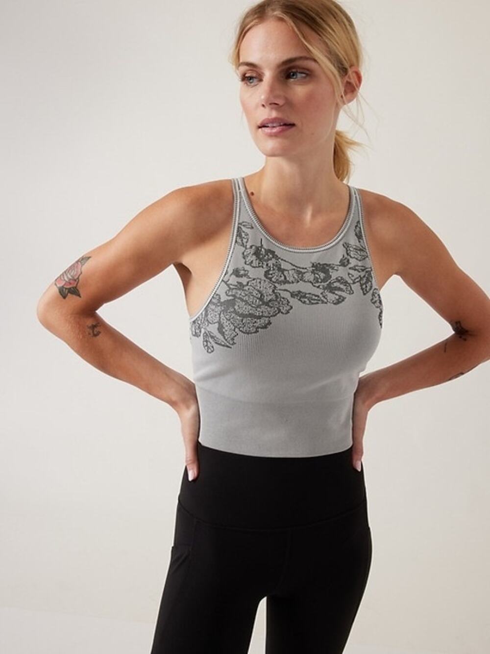 Athleta Grey + Black Aurora Seamless High Neck Crop Tank Top XL Floral